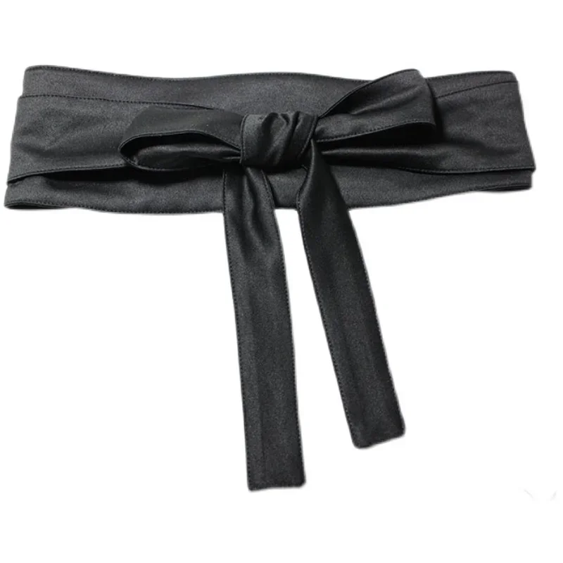 حزام عريض من الحرير مناسب تمامًا للنساء على الطراز الكوري، حزام خصر بلون سادة، حزام خصر بعقدة على شكل فيونكة