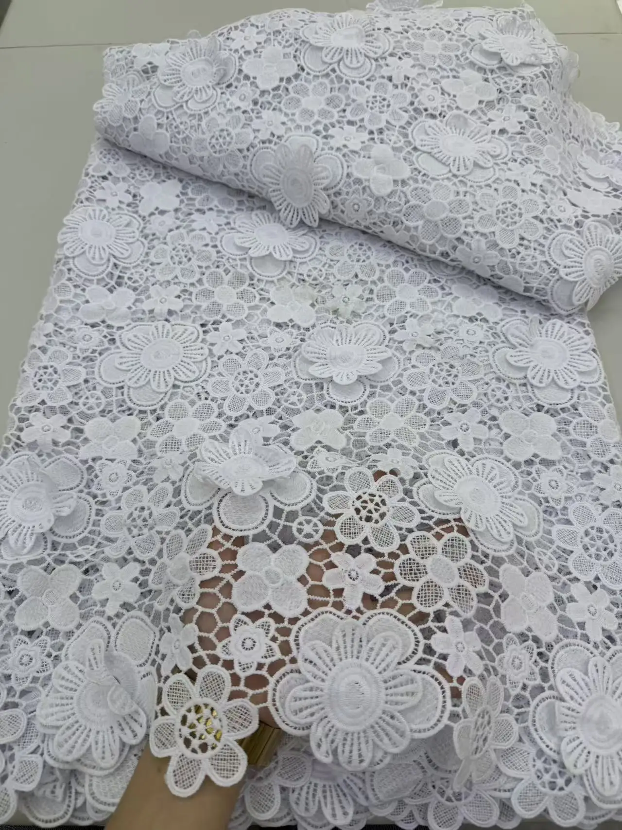 

White African Guipure Cord Lace Fabric with Sequins 2025 High Quality Nigerian Guipure Cord Lace for Sewing Wedding Dress VJ6359
