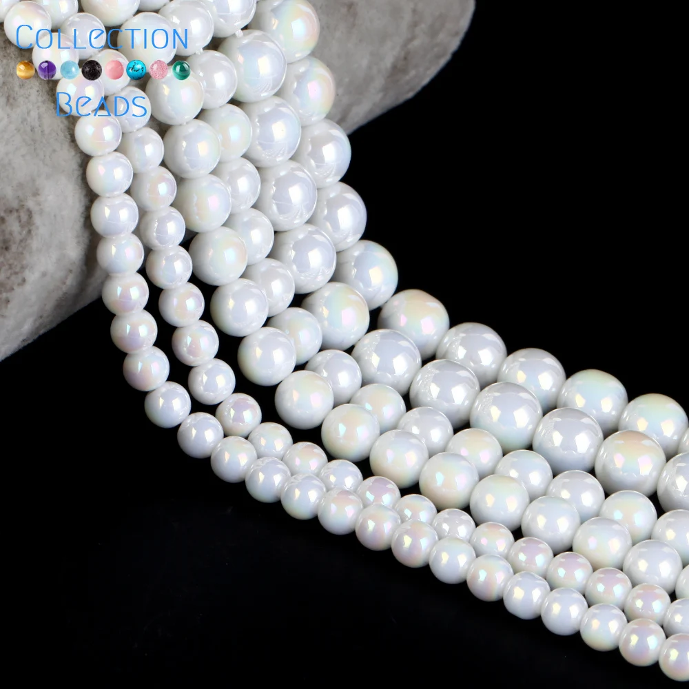 Naturalne kamienne koraliki 6 8 10 mm AB Plated White Porcelain Round Spacer Beads For Jewelry Making DIY Handmade Bracelet Necklace 15'' — zdjęcie 6