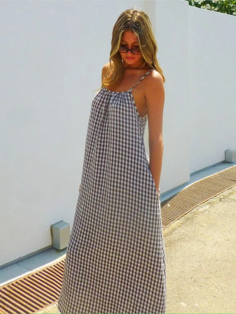 Vestidos 2025, novedad de verano para mujer, vestido holgado informal a cuadros con tirantes y espalda descubierta para mujer, Vestidos de estilo sencillo que combinan con todo para vacaciones
