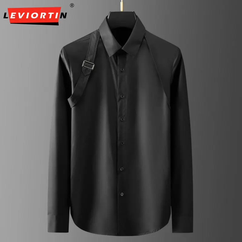 

Luxury Braces Shirts Men Slim Fit Long Sleeve Business Casual Dress Shirts Stage Singer Party Tuxedo Blouse Camisa Masculina