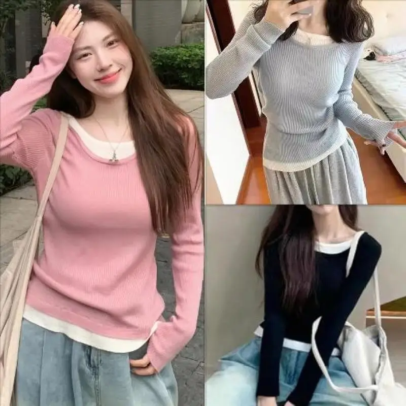 Fake Two Piece Knitted T-shirt Women Autumn Casual Slim Long Sleeve Top Bottom Shirt