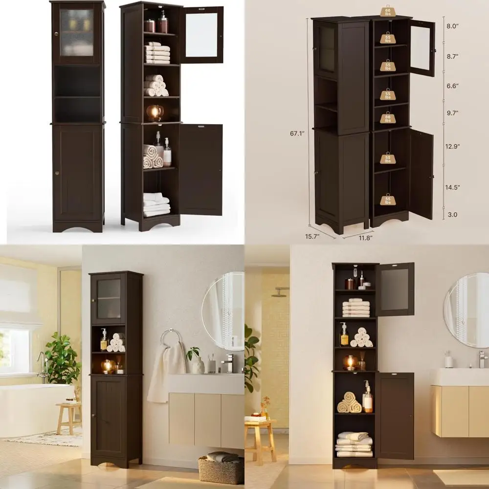 

freestanding tall bathroom storage cabinet with adjustable shelves and double-door design