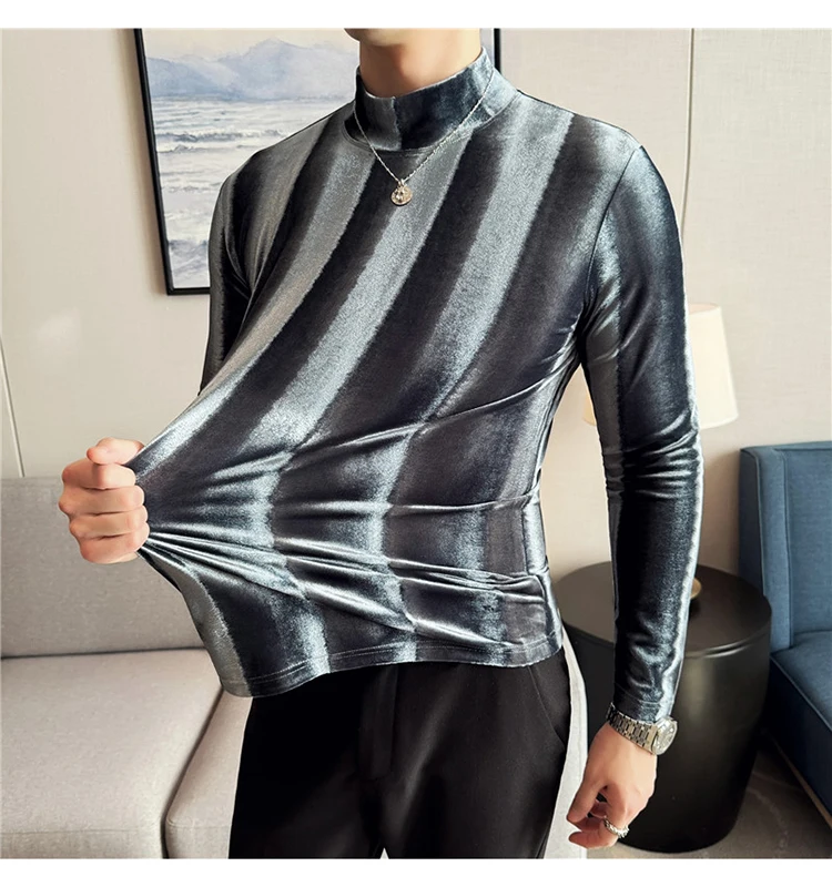 

Striped Gold Velvet Mock Neck Long Sleeve T-shirt Men's Stretch Semi-high Collar Base Tee Shirt Slim Fit Grey Winter Clothing
