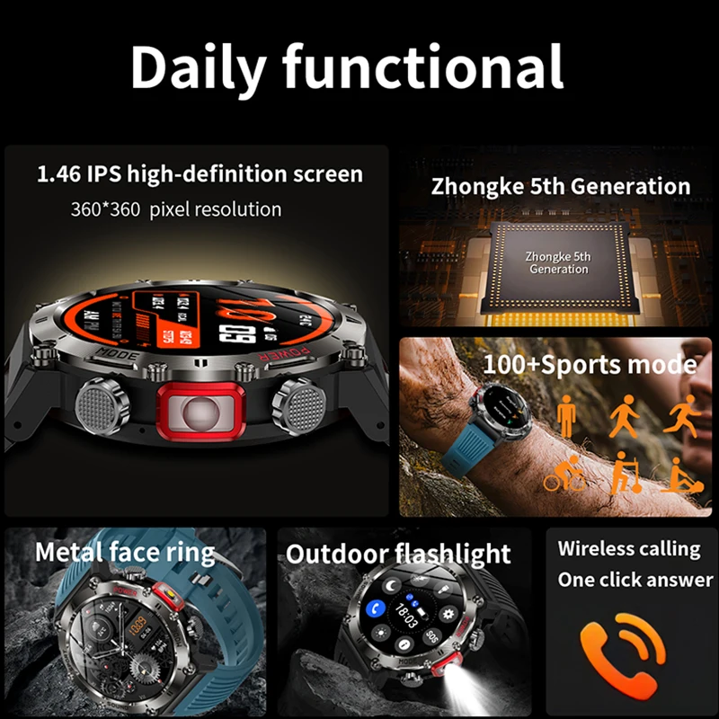 Military Smart Watch Men Compass LED Flashlight 450mAh Large Battery 360*360 HD Screen Health Monitor Sport BT Call Smartwatch