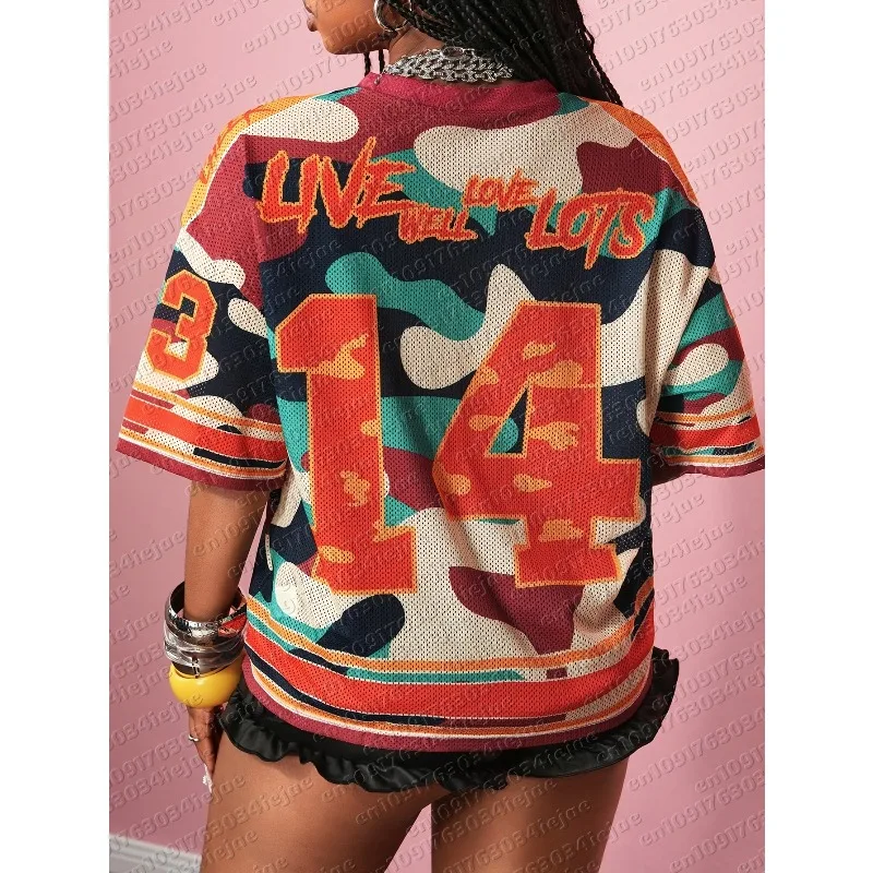 Women's Kid Summer Streetwear City Break Camouflage Tee Casual Loose Mesh Design Sports Graphic Print Top Music Festivals Clubs