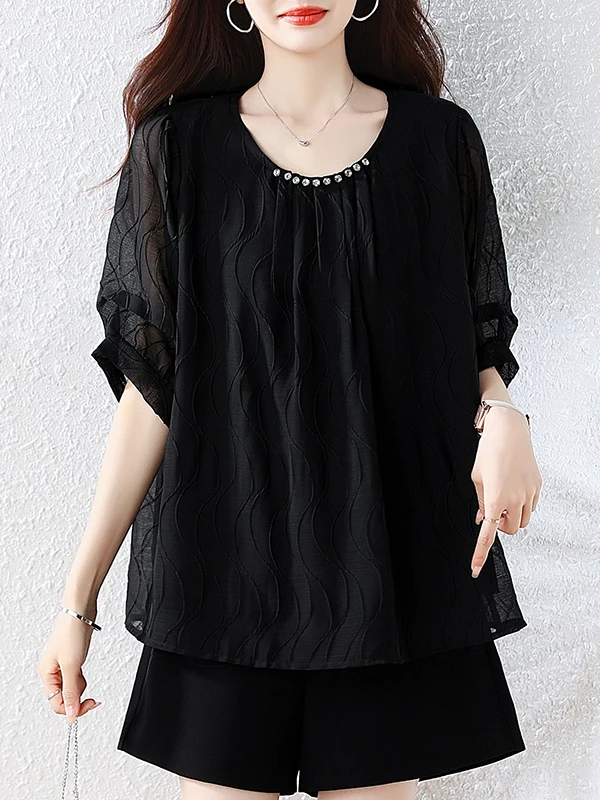 

Authentic Women's Casual Loose round Neck Chiffon Top Fashionable Loose Fit Meat Concealing Slimming Summer Shirt