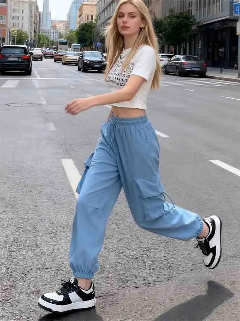 Pantalon Cargo pour femmes, vêtements de rue, automne, élasticité en Polyester, bicouche, trois-quarts, taille moyenne, revers, taille haute, Hipster cintré