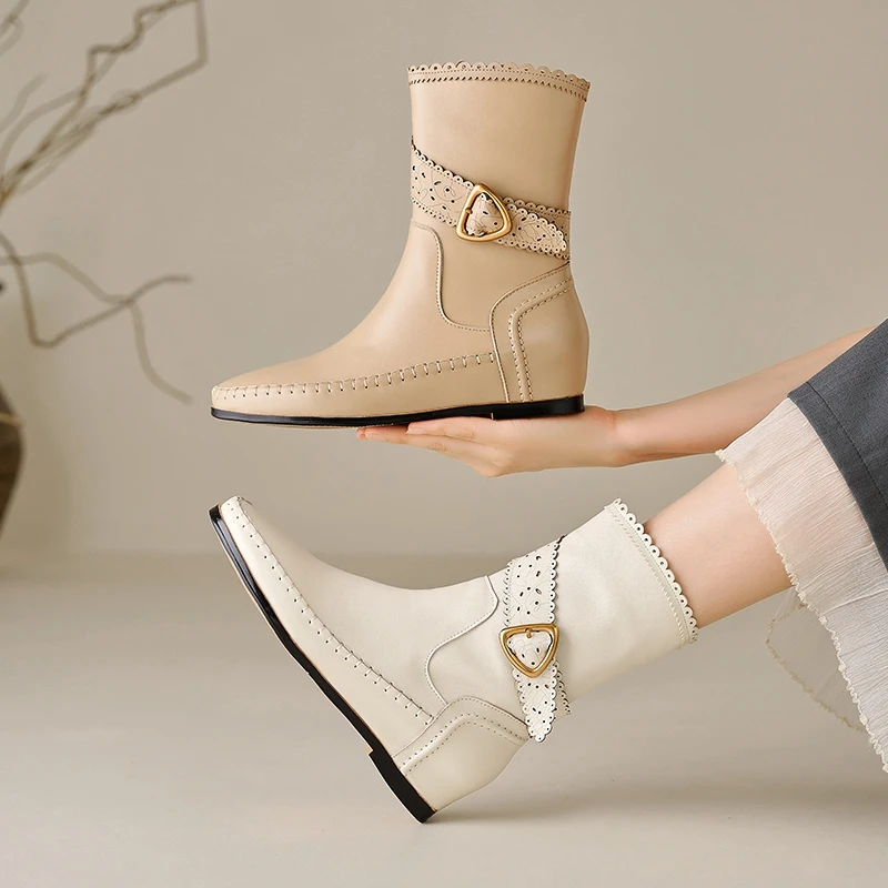 Women's new spring and autumn genuine leather cowhide inner height increase middle heel metal belt buckle fashion short boots