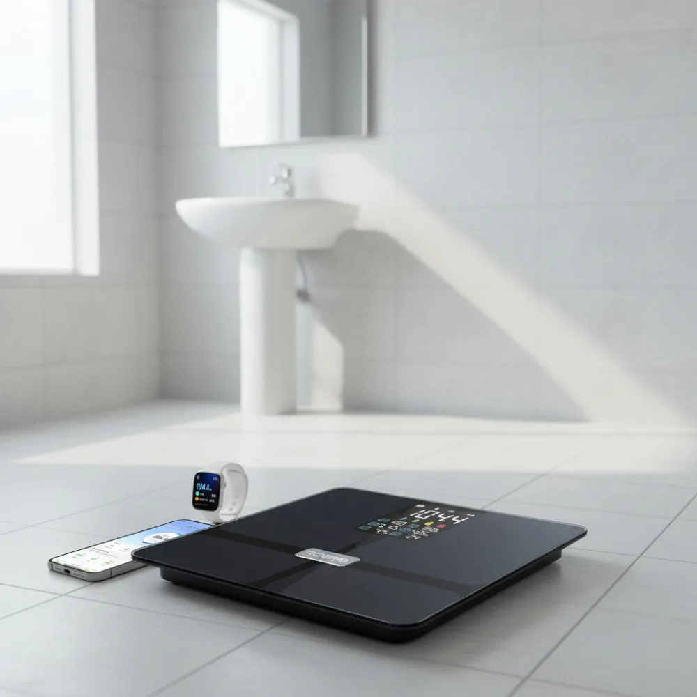 

Умные весы для тела с BMI, жиром тела, мышечной маслом, Bluetooth, 13-метровой, большим дисплеем, синхронизацией через приложение