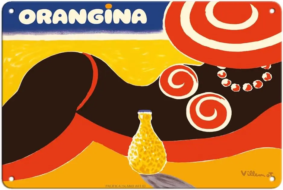 Pacifica Island Art Orangina Sparkling Soda - Beach Bikini Ad - Vintage Advertising Poster by Bernard Villemot c.1984-ch Vintage