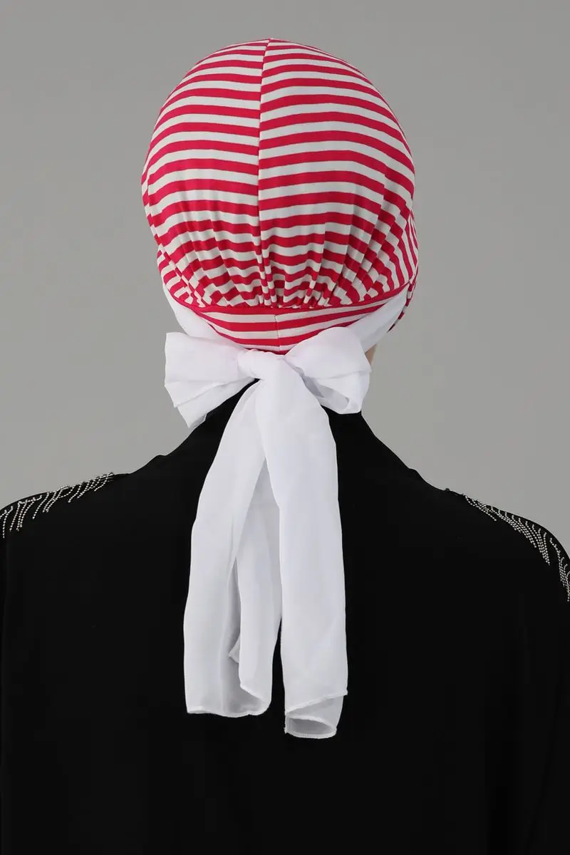 Chiffon Belted Hoed Gestreepte Bone Fuchsia