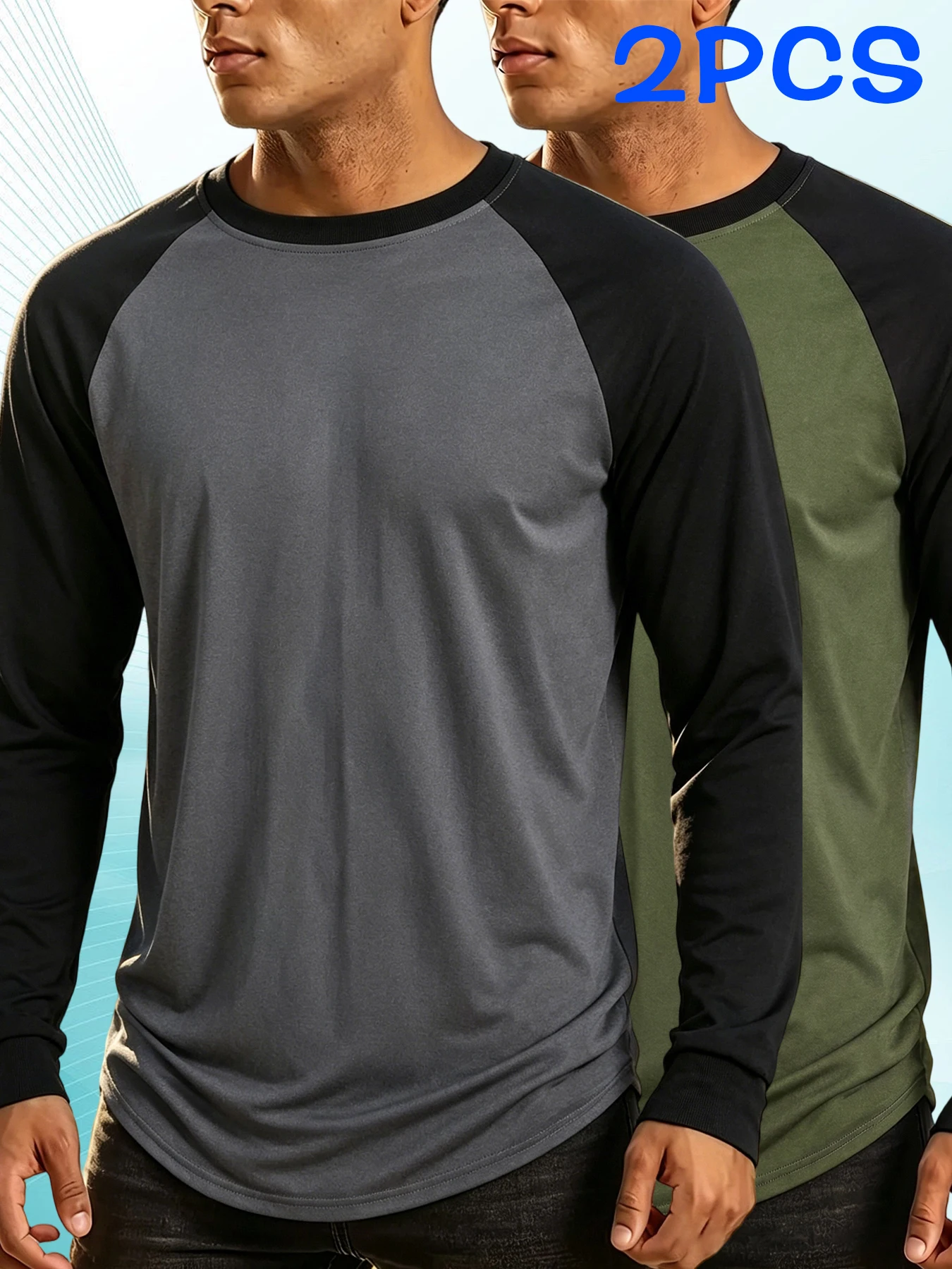 2 Pack Mens Raglan Long Sleeve T Shirts Crew Neck Color Block Baseball Tee Stretch Breathable Casual Sports Running Shirts