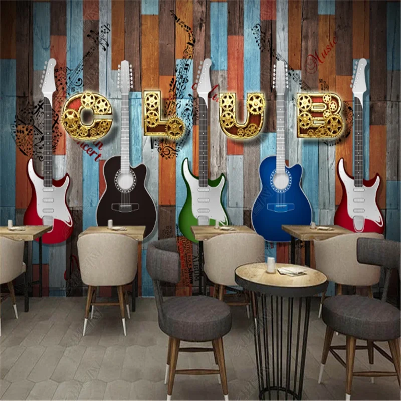 European and American Retro Wallpaper Industrial Decoration Electric Guitar Wood Board Bar KTV Mural Background Wall Paper