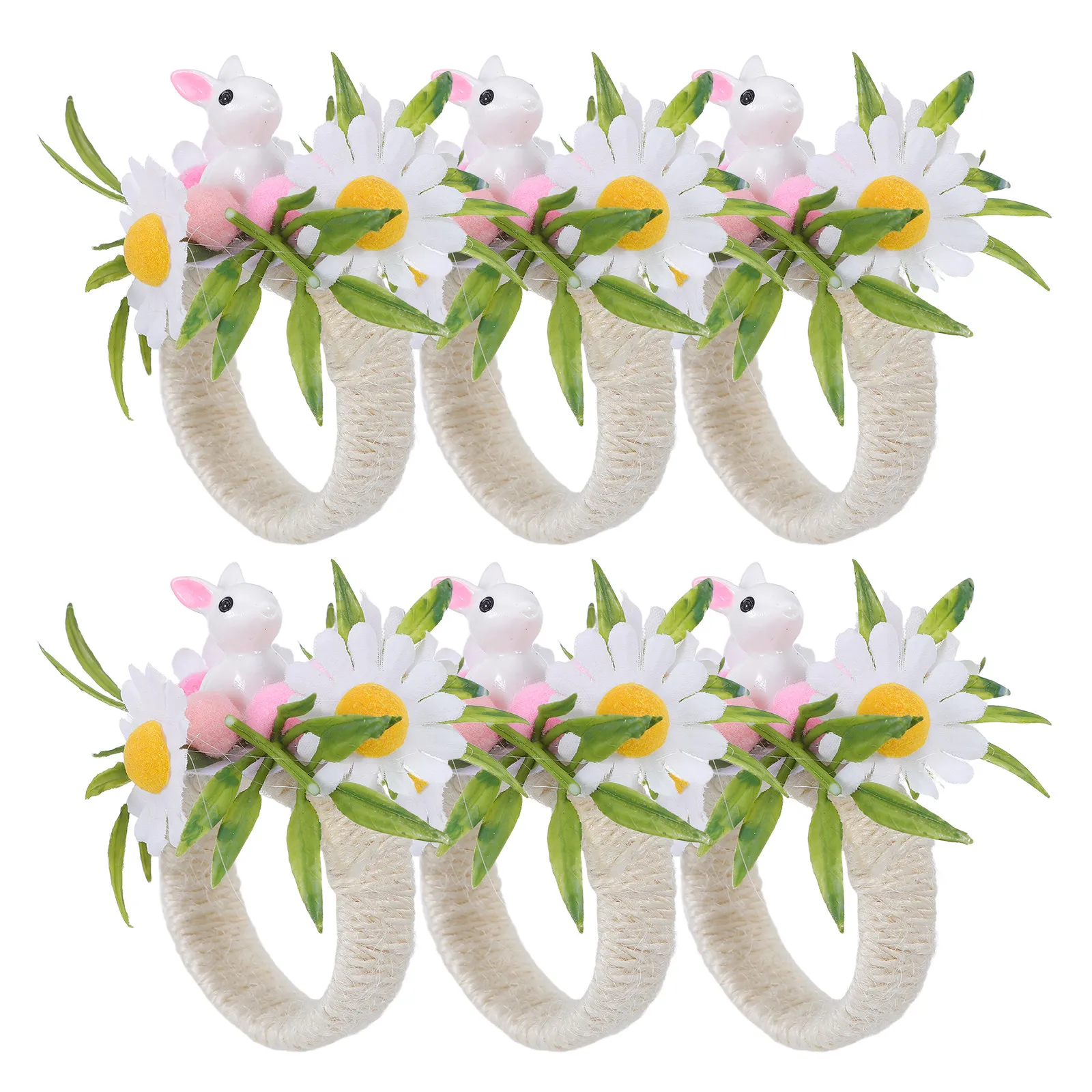 

Набор из 6 пасхальных колец для салфеток: держатели-кролики из джутовой веревки, клипсы для салфеток в деревенском стиле, с искусственными цветами, для весенней вечеринки
