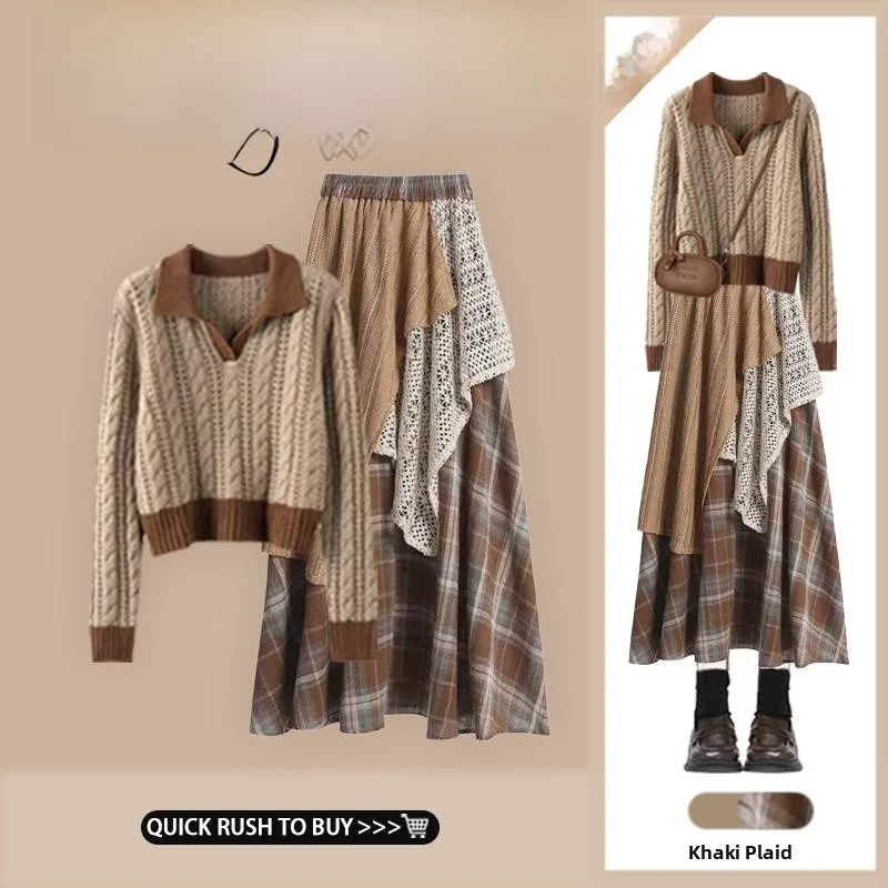 

Retro Knitwear Set Women's Soft Collar Sweater Vintage Patchwork Skirt Autumn Faion Ensemble Long Sve Crew Ne