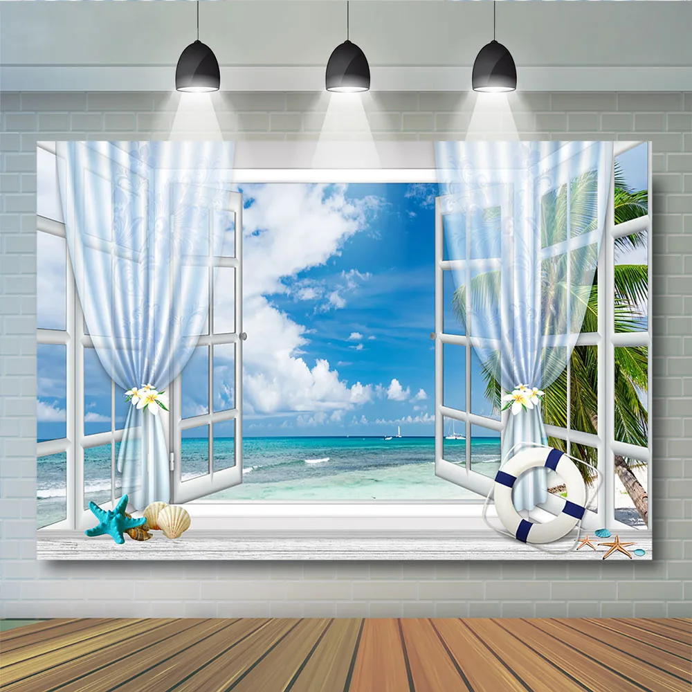 Mocsicka Window Blue Sky Sea side Beach Portrait Background Adult Kids Girl Summer Backdrop White Clouds Starfish Photostudio