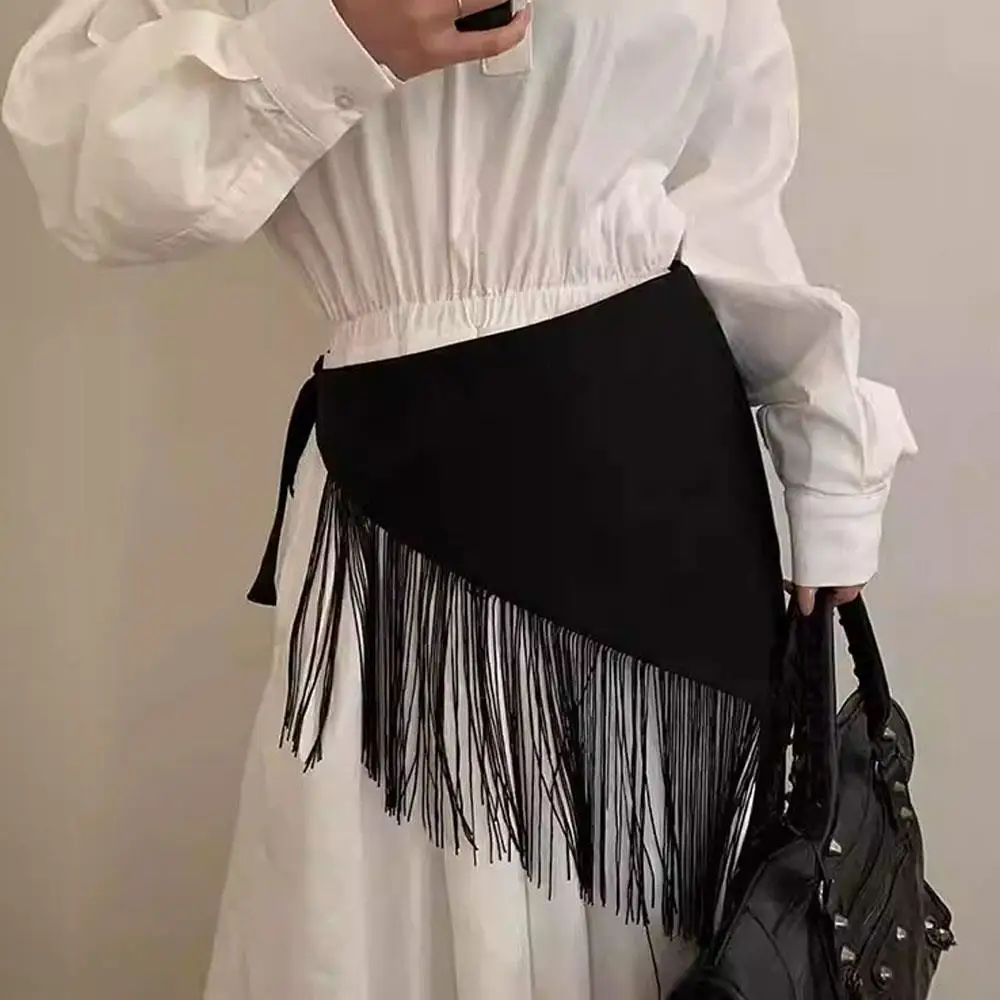 เข็มขัดผ้าสีดำพร้อมพู่ห้อยสำหรับชุดเดรส ทรงสามเหลี่ยม คอร์เซ็ท สไตล์โบฮีเมียน สำหรับตกแต่งเสื้อโค้ทและเสื้อเชิ้ต