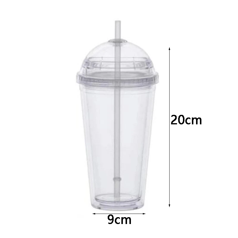 20oz Milk Tumbler with Dome Lids Double Wall Plastic Drink Cups With Straw Reusable Clear Water Bottle Transparent Fruit Cup