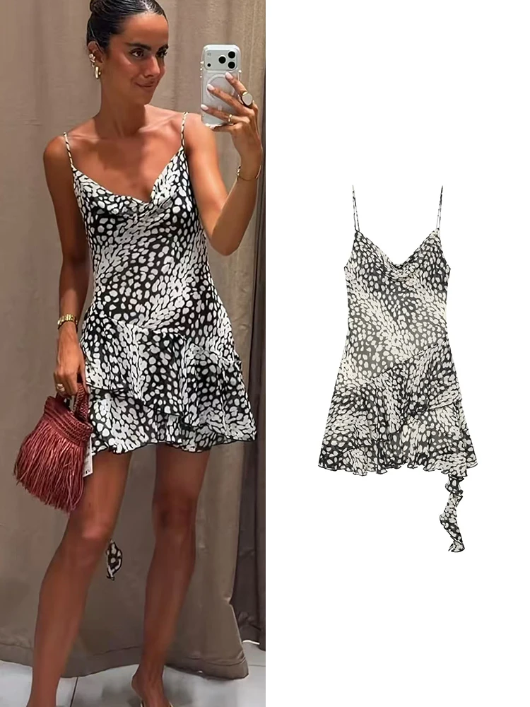 

TFMLN Women's Sling Dress Sleeveless Print Dress Summer Tulle Mini Backless Ruffle Asymmetrical Dress Fashion Elegant Party Wear