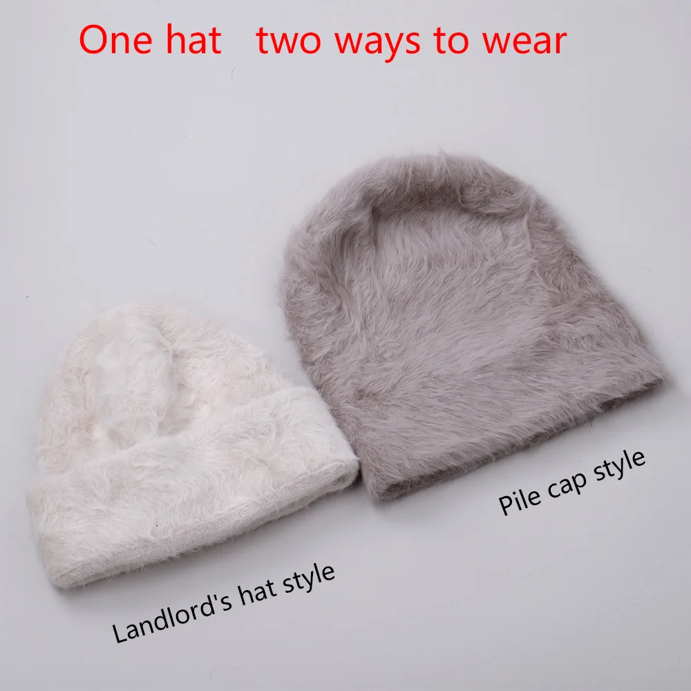 2022 new fashion Rabbit Fur Beanies Soft Warm Fluffy Bright silk Winter Hat for Women Hat Skullies Beanies Bonnet cap