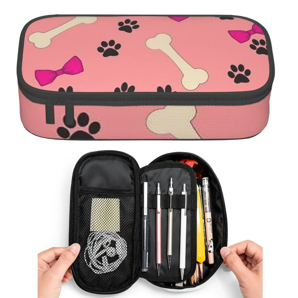 

Paw And Bones On Pink Background Pattern Pencil Cases for Student Pen Box Pencil Bag Big Capacity Pencil Pouch Pen Holder