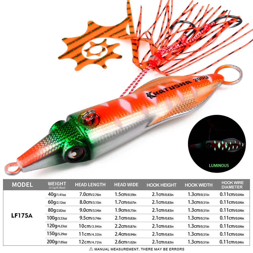 

Luminous Squid Jig Fishing Lure, 40-200g Glow Octopus Jig With Skirt Assist Hook, Deep Sea Boat Jigging Tackle, 5pc with Package