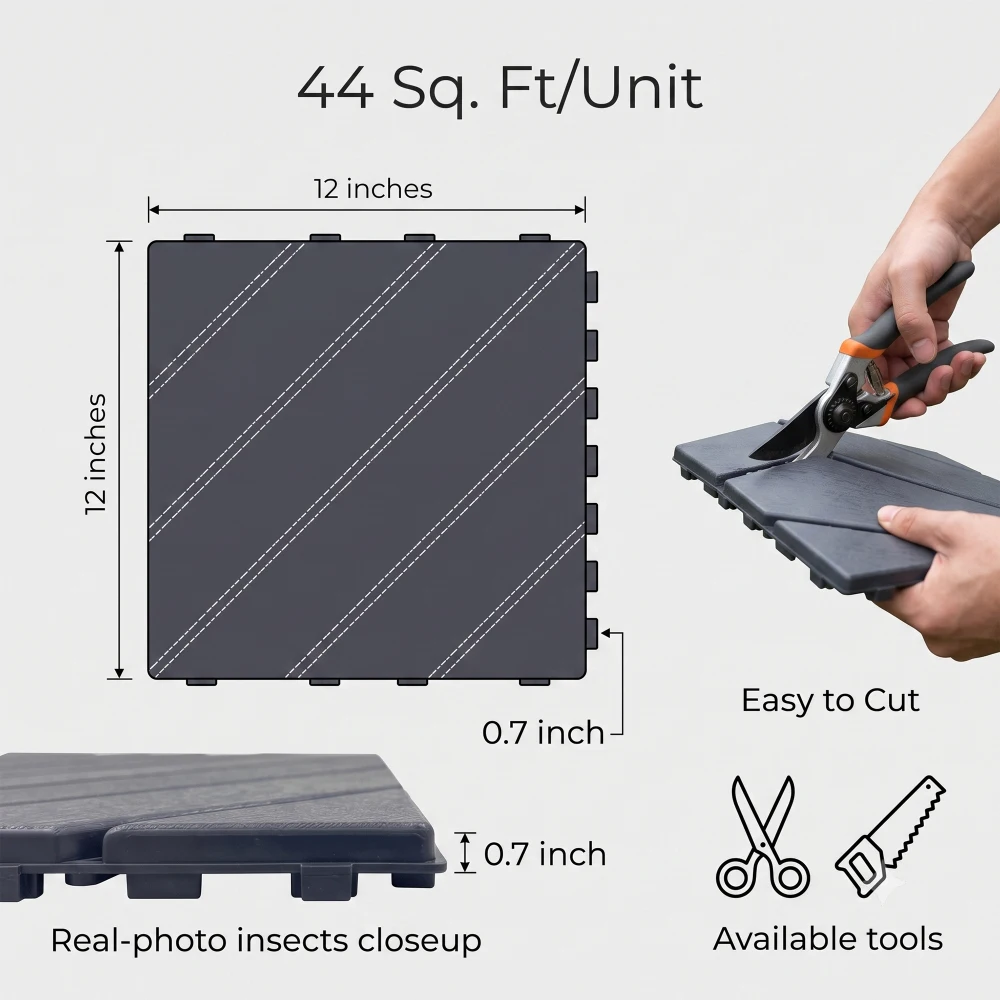 44 Pack 12"x12" Plastic Interlocking Deck Tiles, Waterproof Non-Slip Outdoor Patio Flooring, All Weather Drainable Snap Together Decking Tiles for Poolside Porch Garden Backyard view 6