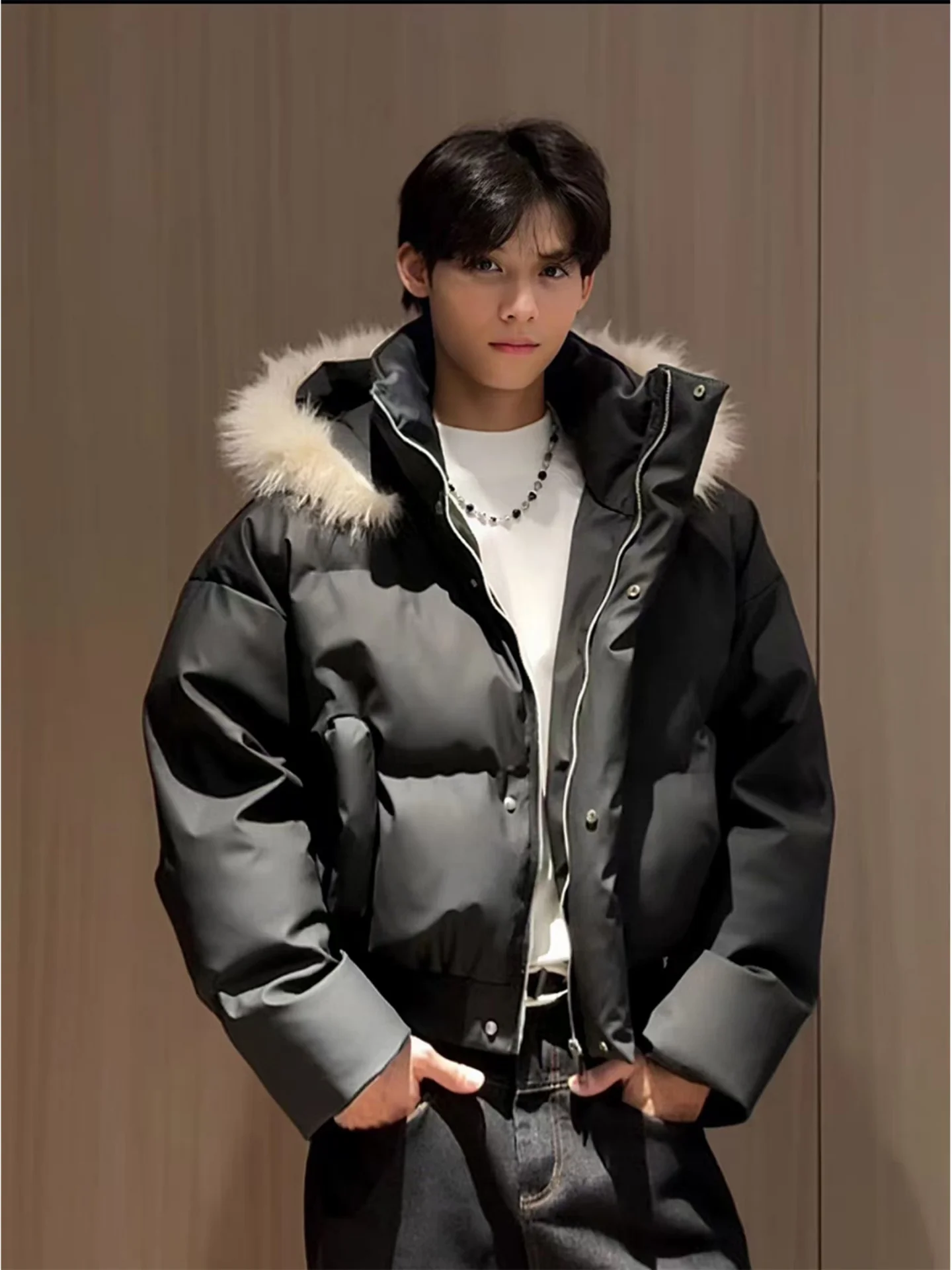 

Thiened Bla ort PU Leather Fur Collar down Cotton Jaet Men Winter High Sensation American Tee-proof Hooded Coat