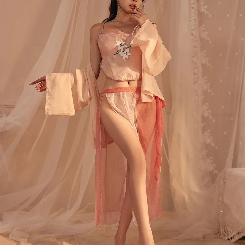 Sexy Lingerie Ancient Chiffon Dress Women Large Size Belly Pocket Hanfu Temptation High Split Stage Costumes Cosplay Nightdress