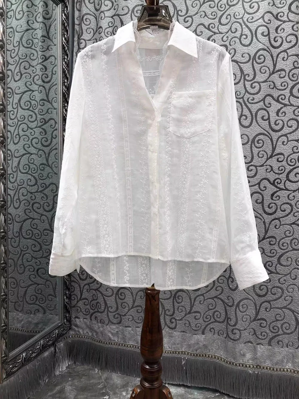 

Рубашки из 100% рами, коллекция Весна-Лето 2026, женские, с отложным воротником, кружевной вышивкой, пэчворк, длинный рукав, элегантные белые рубашки