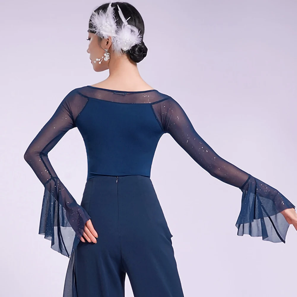 社交ダンス ラインダンス パープル ジャンプスーツ ワルツ 社交ダンス クルーネック レディース トップス ロータススリーブ セクシー ブラック 新品 インディゴ 長袖