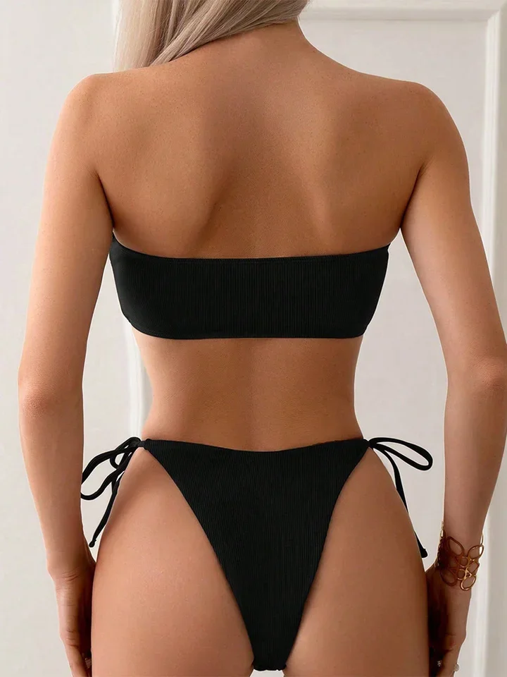 Vzvn Sexy Solid Lace Up Strapless Bikinis Women Split Swimsuit Beach Brazil Bikini 2026 All Season Backless Bikinis 3 Piece Set