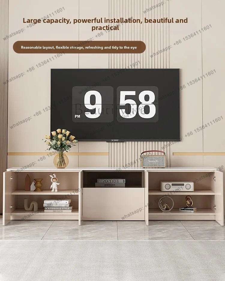 rock slab solid wood TV cabinet, living room household floor-to-ceiling small apartment, advanced edge cabinet