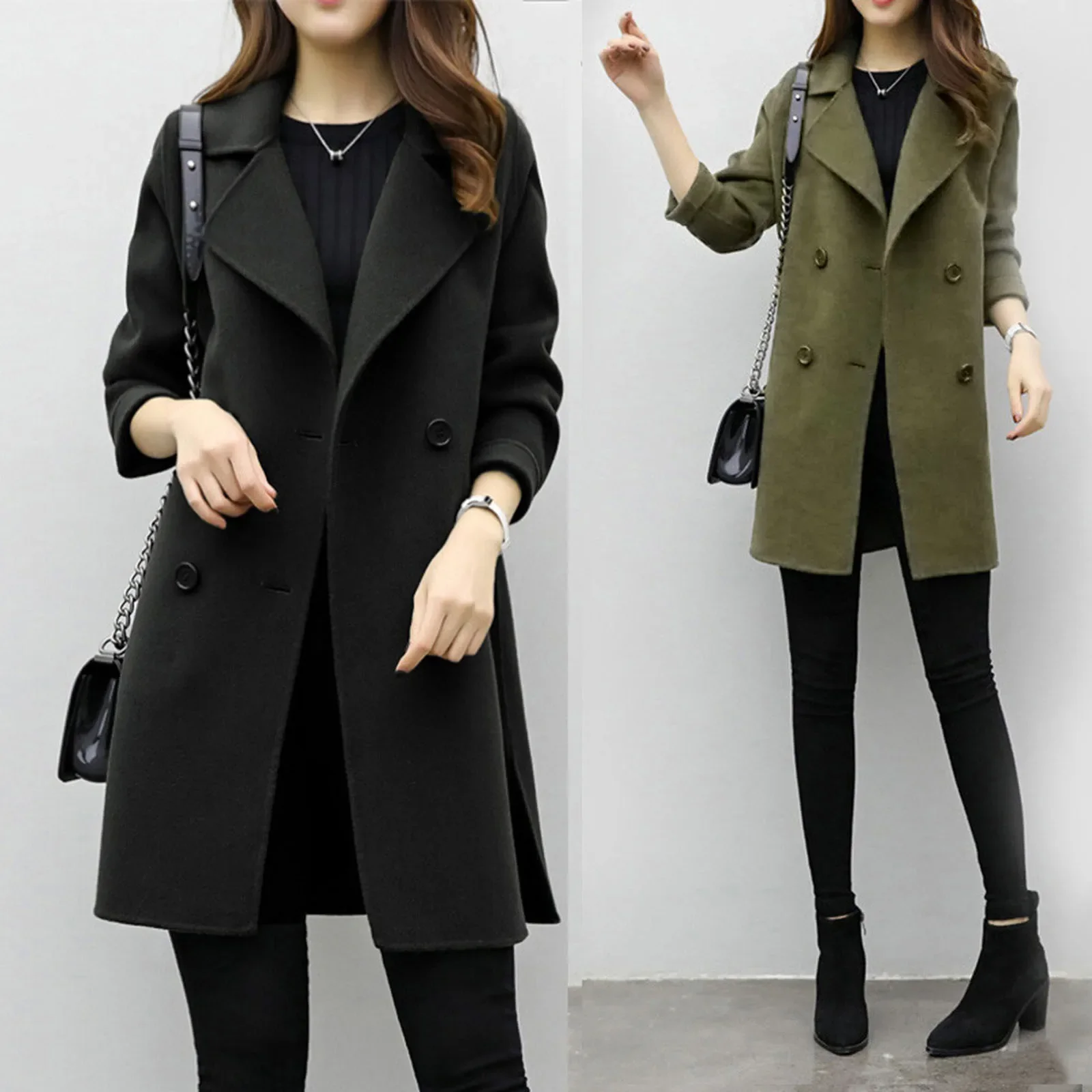 

Elegant Turn-down Collar Women's Coat Casual Outwear Slim Autumn Coat Winter Woolen Midi Cardigan Black Double Breasted Jacket