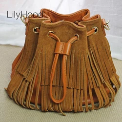 Women Fashion Genuine Leather Suede Fringed Small Size Bucket Pouch Bag Bohemian Boho Ibiza Gypsy Hippie Phone Side Sling Bag