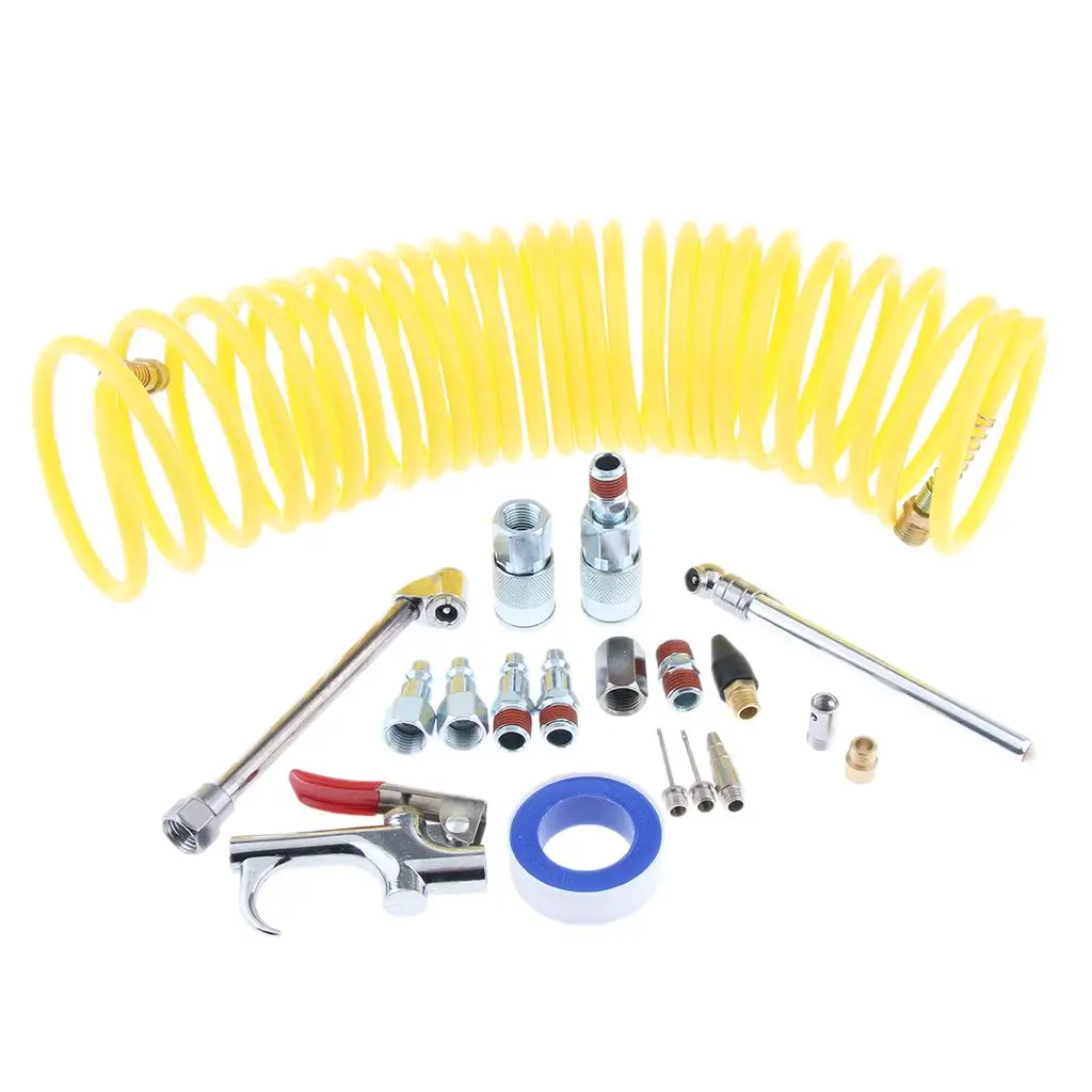 1/4 NPT Air Accessory Kit 20 Pieces, Air Compressor Hose Tool kit with Coil nylon Hose/Blow Gun/Tire Gauge