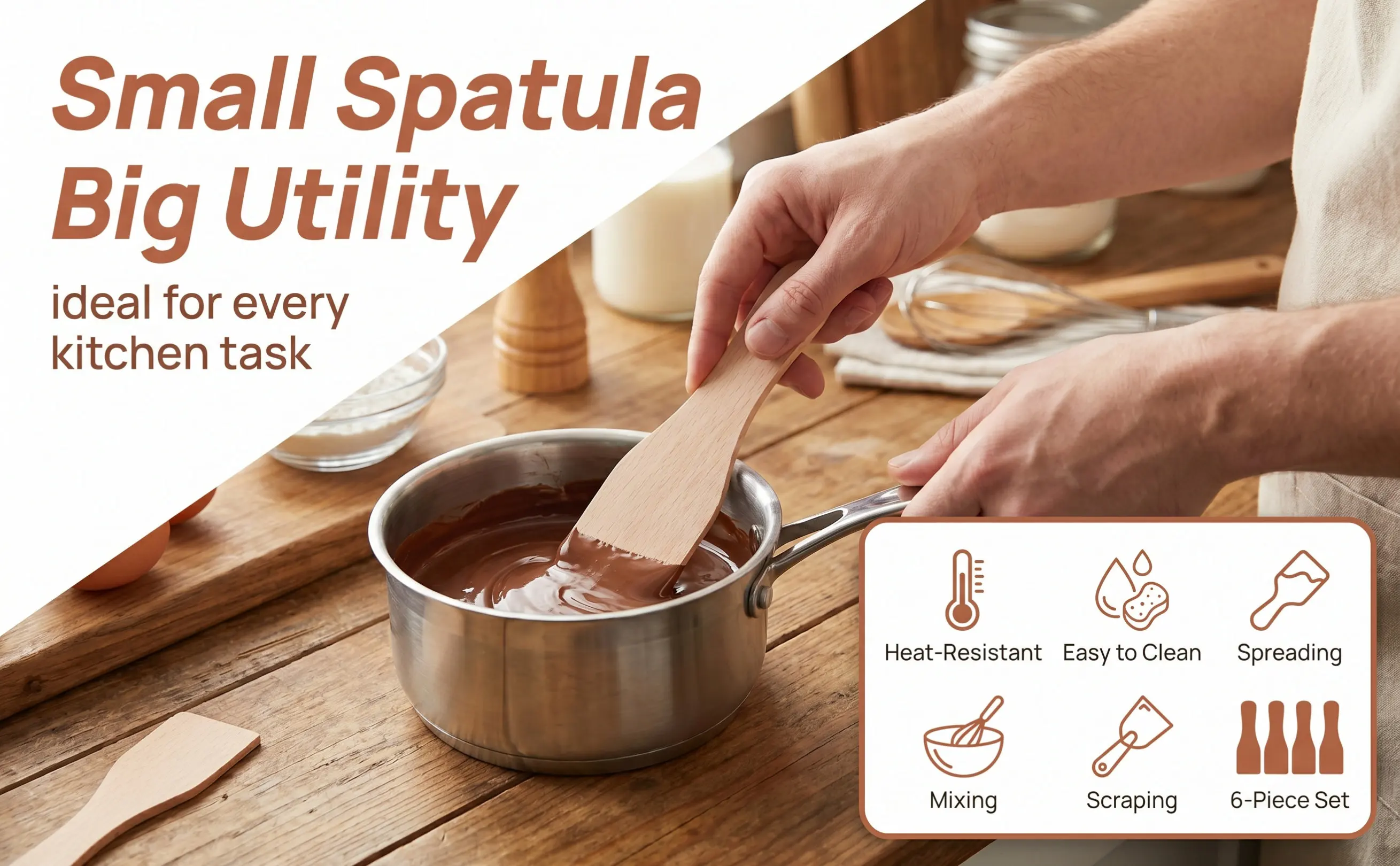 6Pcs Multi-Purpose Wooden Spatula Set Food-Safe Natural Wood Non-Scratch Heat-Resistant Baking Tool for Cooking Mixing Spreading