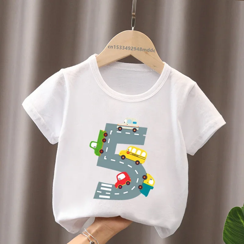 Different Car Print Birthday Number Bow Kids T shirt 1 2 3 4 5 6 7 8 9 Years Girls Clothes Funny Baby Boys Short Sleeve T-Shirts