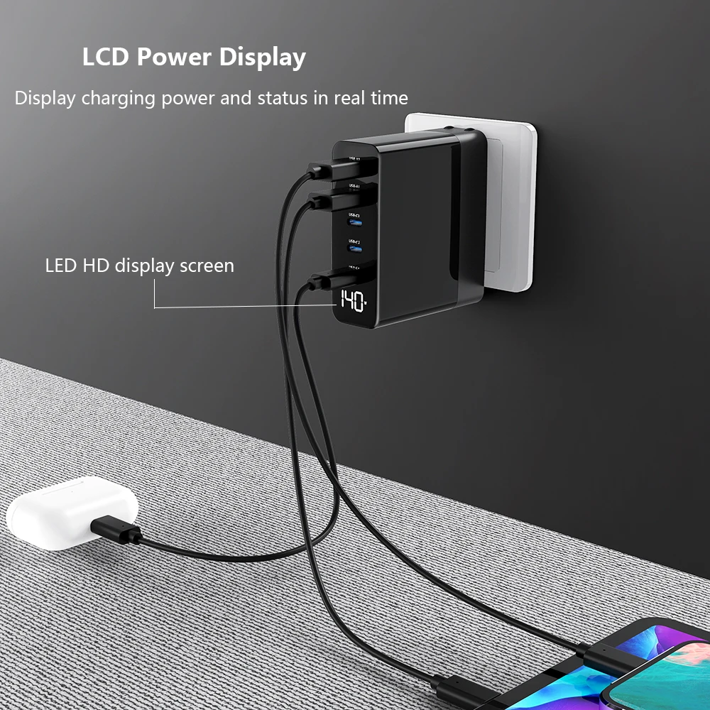 UHOMEBUY 140W USB C Wall Charger with LED Display, 5-Port GaN USB Fast Charger for MacBook Pro/Air iPad iPhone 15 Laptops Pixel