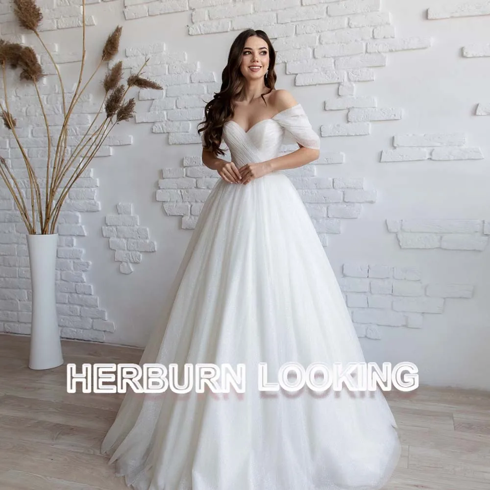 HERBURN vestidos De novia plisados De moda recién llegados apliques Línea A con cordones sin mangas bata De velada De boda personalizada