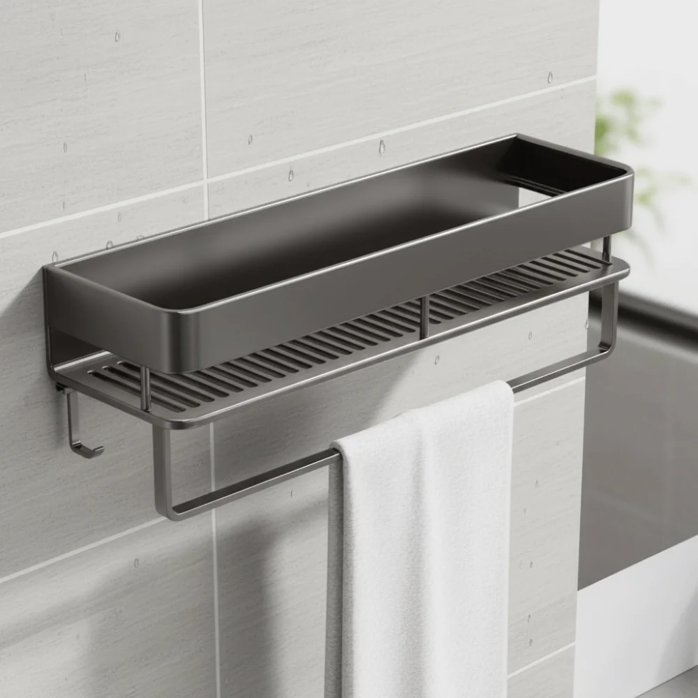 

Wall-Mounted Bathroom Storage Rack Punch Free Aluminum Alloy Kitchen Condiment Racks Ventilated Drainable Bathroom Organizer