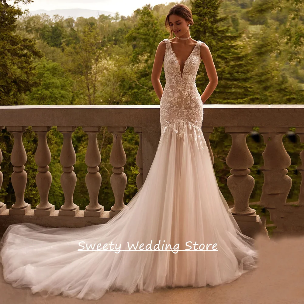 

Sexy Woman Mermaid Wedding Dress Customized V Neck Sleeveless Sequined Applique Court Train Backless Vestidos Bridal Gown