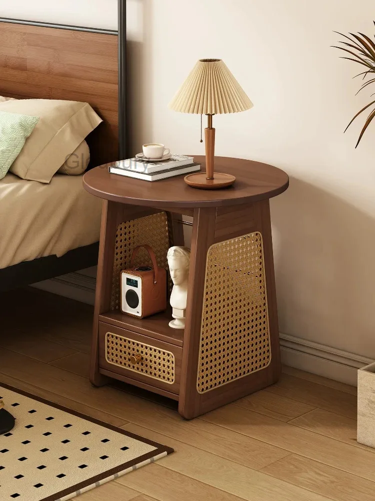 Solid Wood Rattan Nightstand Medieval Vintage Style Storage Corner Table Integrated Small Side Table Space Saving Home Furniture