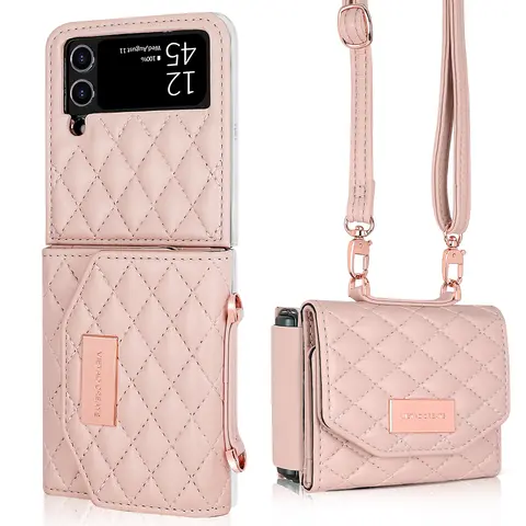 VIETAO Z Flip 7 Leather Wallet Phone Cases With Cross body Strap, Gilrs Purse Phone Case For Samsung Galaxy Z Flip 6 5 4 3, Pink