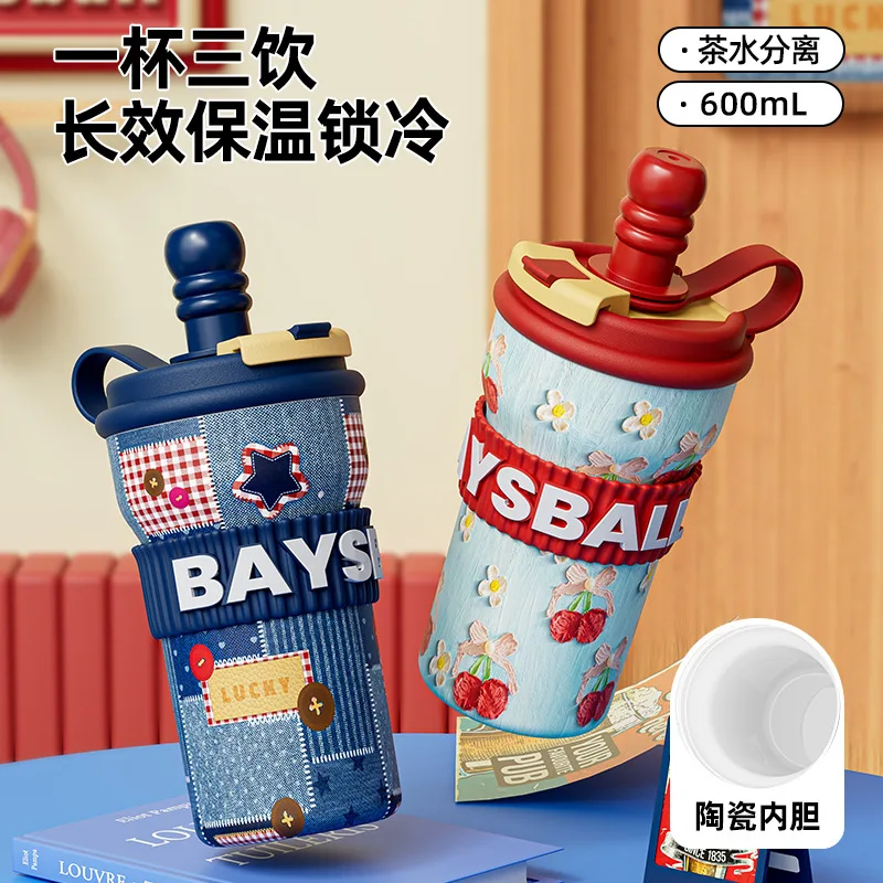 

New 600ML Light Luxury High-value Cartoon Thermos Cup Straw Large-capacity Water Cup Ceramic New Ins Senlu Water Bottle