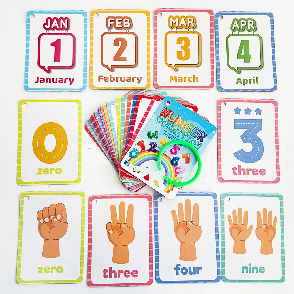 Fotografia 4: Números símbolos gestos e meses cognição inglês flashcards para crianças aprendizagem precoce cartões de matemática educacional auxiliares de ensino