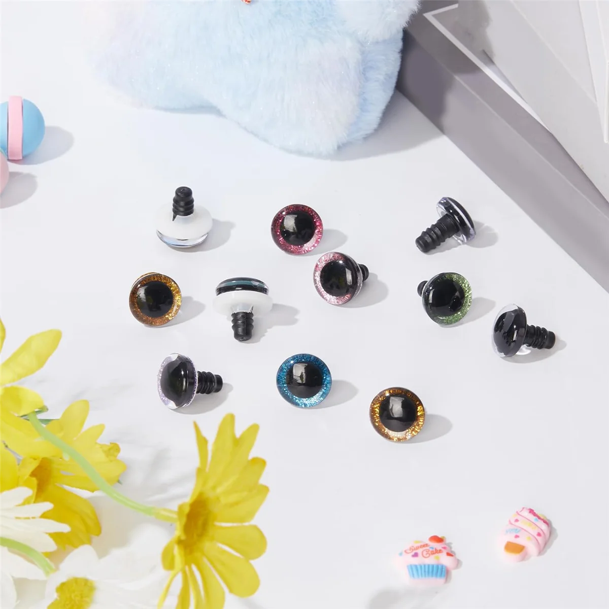 120 Pcs 18mm 3D Glitter Plastic Safety Eyes Round Craft Crochet Doll Eyes with Washers Stuffed Animal Eyes for DIY