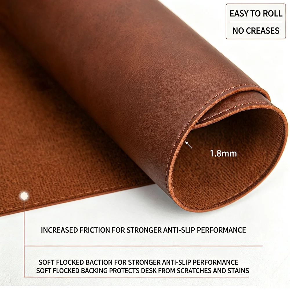 Premium Crazy Horse Vegan Leather Desk Mat Non-Slip Felt Base Waterproof Large Keyboard Mouse Pad Desk Protector Cable Organizer