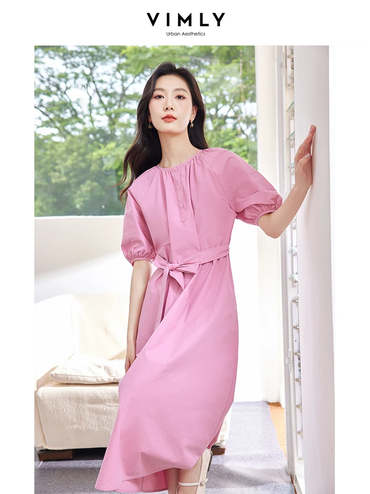 

VIMLY Women's Elegant Dresses Summer O-Neck Raglan Sleeve Waisted A-Line Shirt Long Dress Casual Holiday Work Sundress With Belt